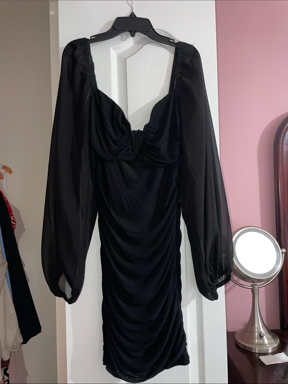 Black Long-Sleeve Ruched Mini Dress